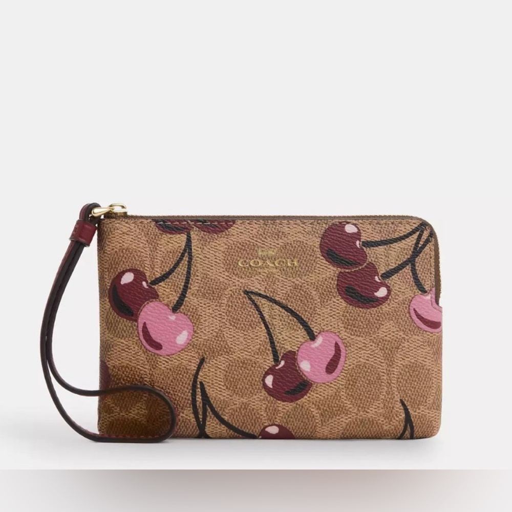 NWT Coach Corner Zip Wristlet In Signature Canvas With Cherry Print🍒